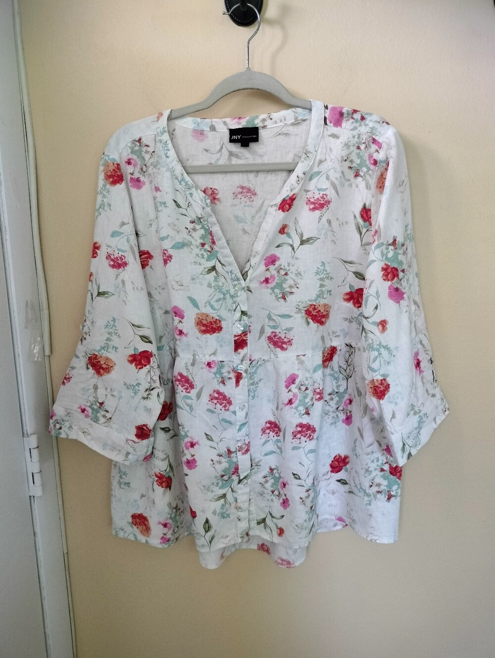 Jones New York Linen Blend High Low Hem Relaxed Floral Blouse 1X Vacation